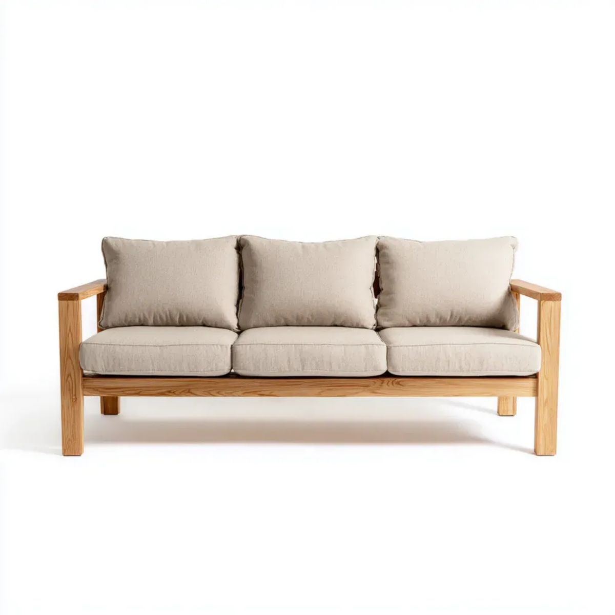 Trzyosobowa sofa beżowa z litego drewna dębowego i poliestru, 200 × 80 × 78 cm