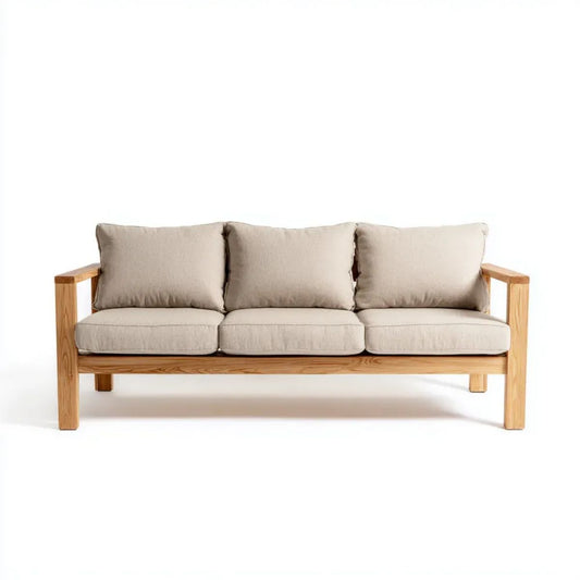 Trzyosobowa sofa beżowa z litego drewna dębowego i poliestru, 200 × 80 × 78 cm