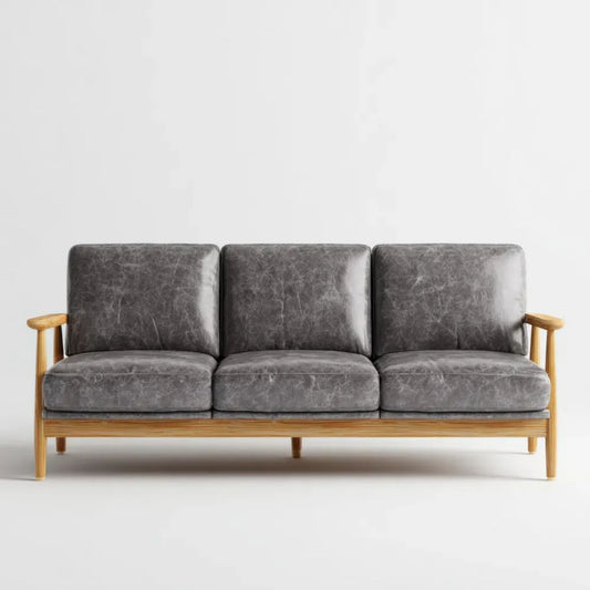 Trzyosobowa sofa drewniana z tapicerką z mikrofibry, szaro-miodowa, 190 x 78 x 82 cm