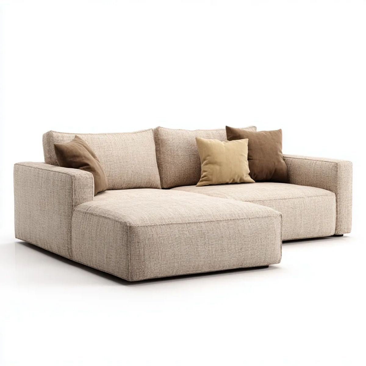 Beżowa sofa modułowa z lewostronnym szezlongiem, tapicerka poliestrowa, 250 x 165 x 75 cm