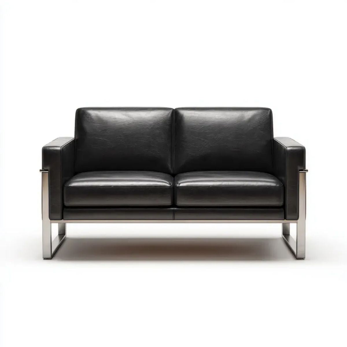 Dwuosobowa sofa ze skóry syntetycznej PU z metalową ramą, czarno-srebrna, 130 x 75 x 78 cm