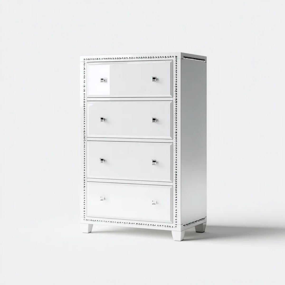 Biała komoda z 4 szufladami z lakierowanej płyty MDF i szkła lustrzanego, 60 × 40 × 100 cm