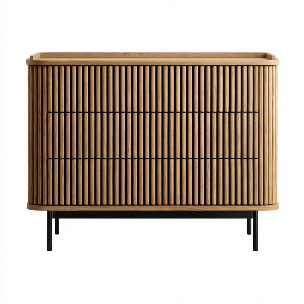 Drewniana komoda z fornirem dębowym na czarnych stalowych nogach, 120 × 40 × 95 cm, zaokrąglona