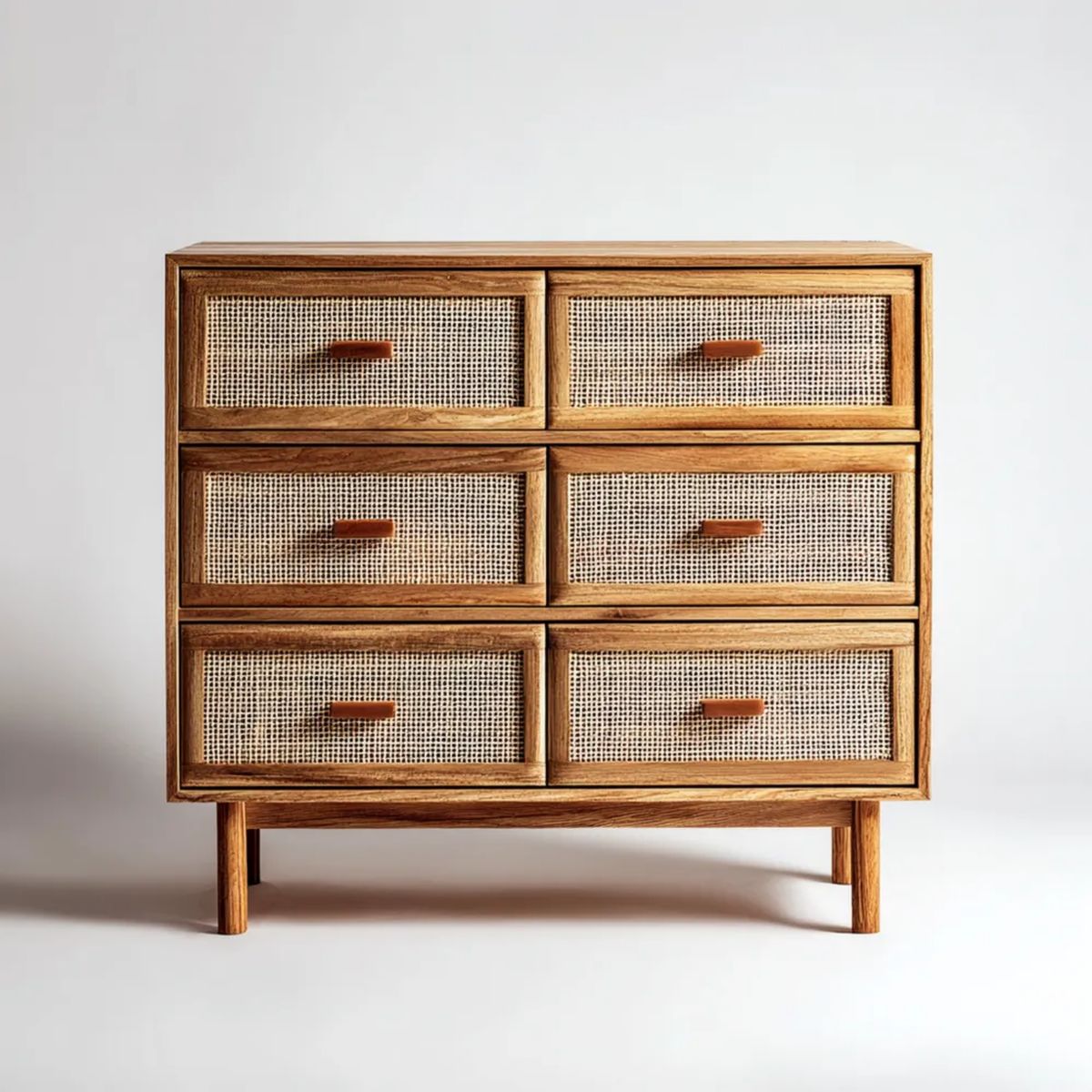Brązowa drewniana komoda z rattanem, 6 szuflad, 120 × 45 × 120 cm