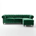 Zielona aksamitna sofa narożna Chesterfield prawostronna z szezlongiem 275 x 165 x 75 cm