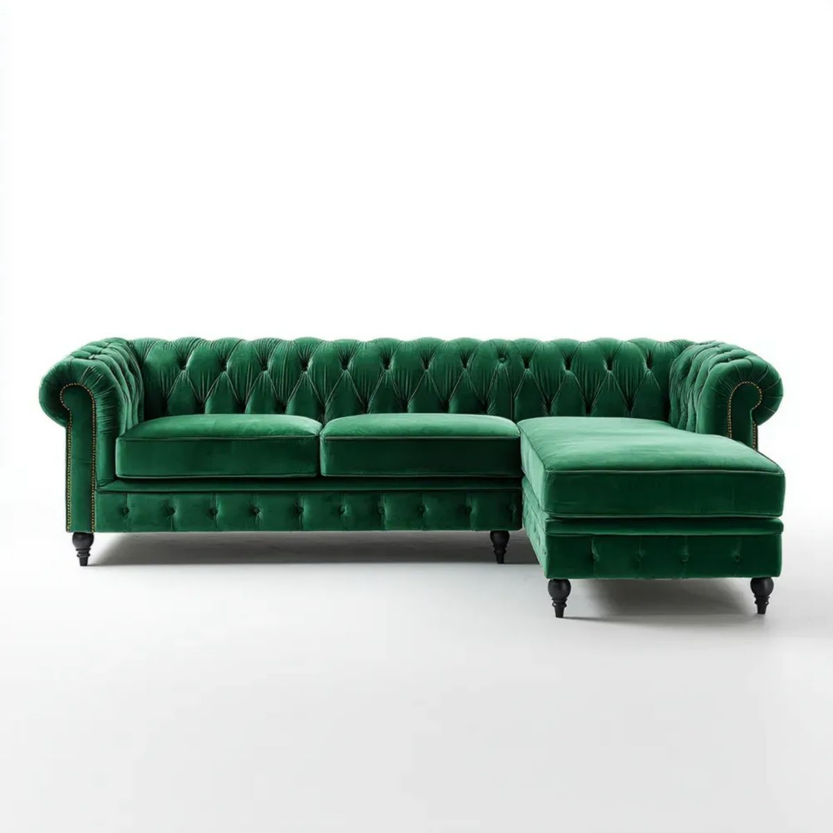 Zielona aksamitna sofa narożna Chesterfield prawostronna z szezlongiem 275 x 165 x 75 cm