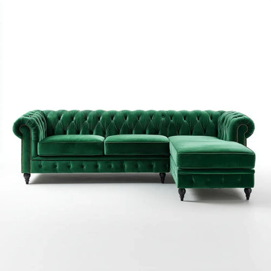 Zielona aksamitna sofa narożna Chesterfield prawostronna z szezlongiem 275 x 165 x 75 cm