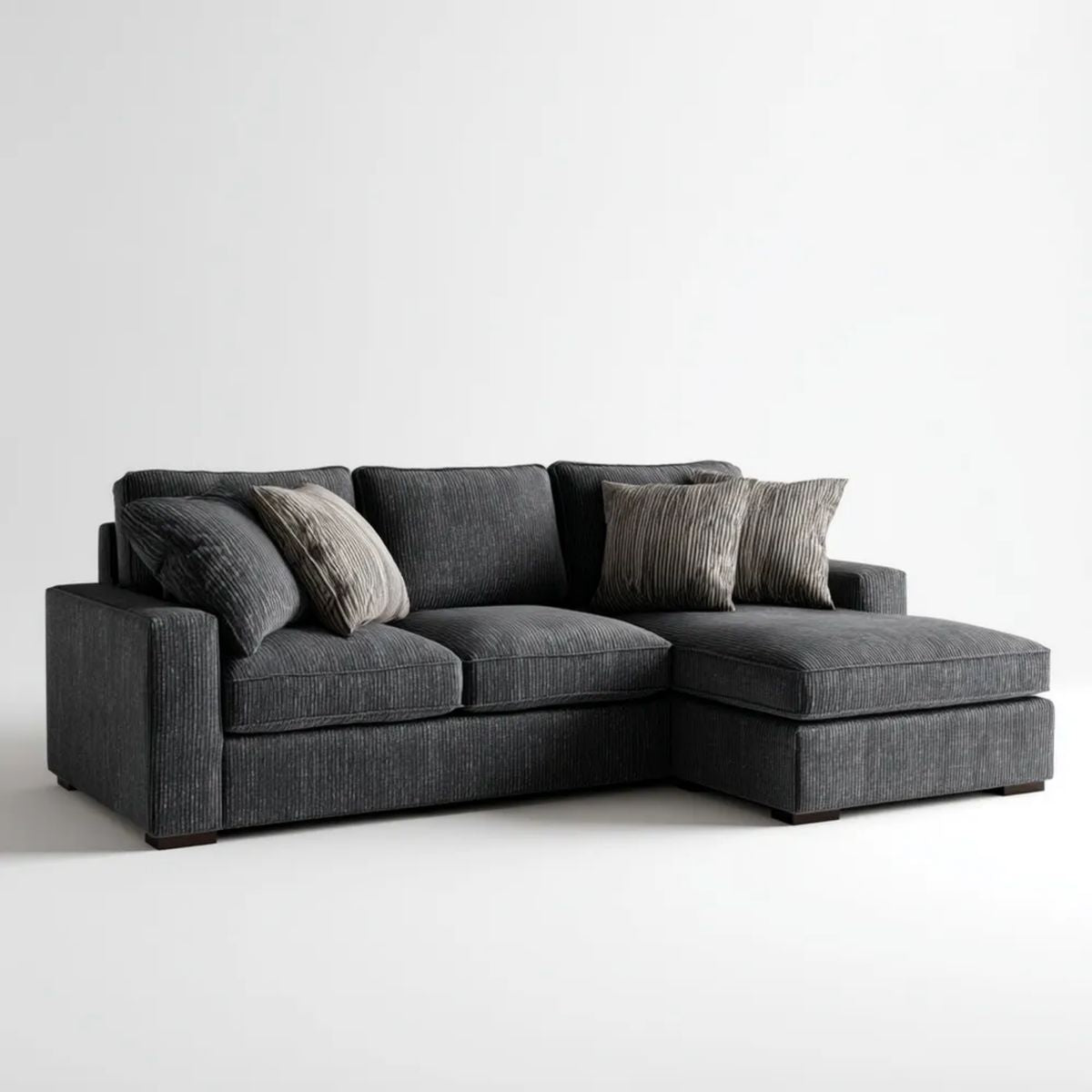 Grafitowo-czarna sofa narożna z prawostronnym szezlongiem z poliestru 260 × 165 × 85 cm, kształt L