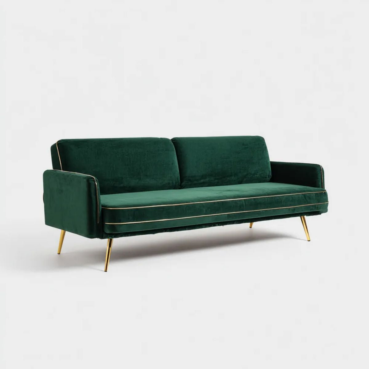 Trzyosobowa sofa z aksamitu poliestrowego ciemnozielona ze złotymi nogami, 210 x 85 x 82 cm