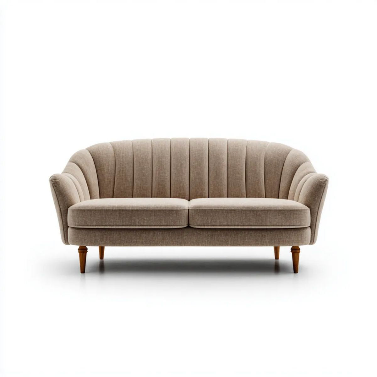 Beżowa sofa dwuosobowa z poliestru 180 x 85 x 82 cm z brązowymi drewnianymi nóżkami