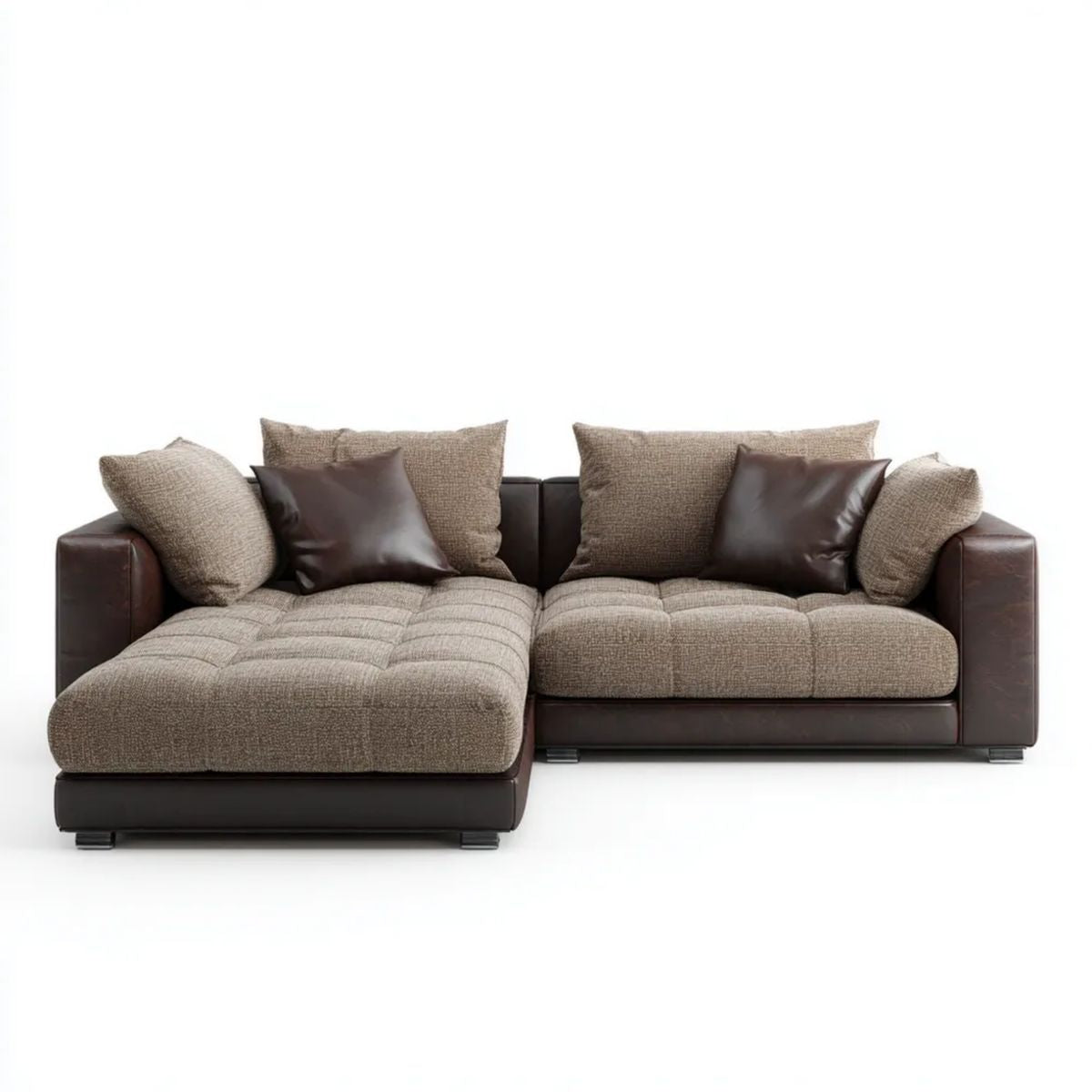 Sofa narożna 3-osobowa z lewostronną leżanką, brązowo-beżowa, tapicerowana poliestrem i PU, 270 x 165 x 85 cm