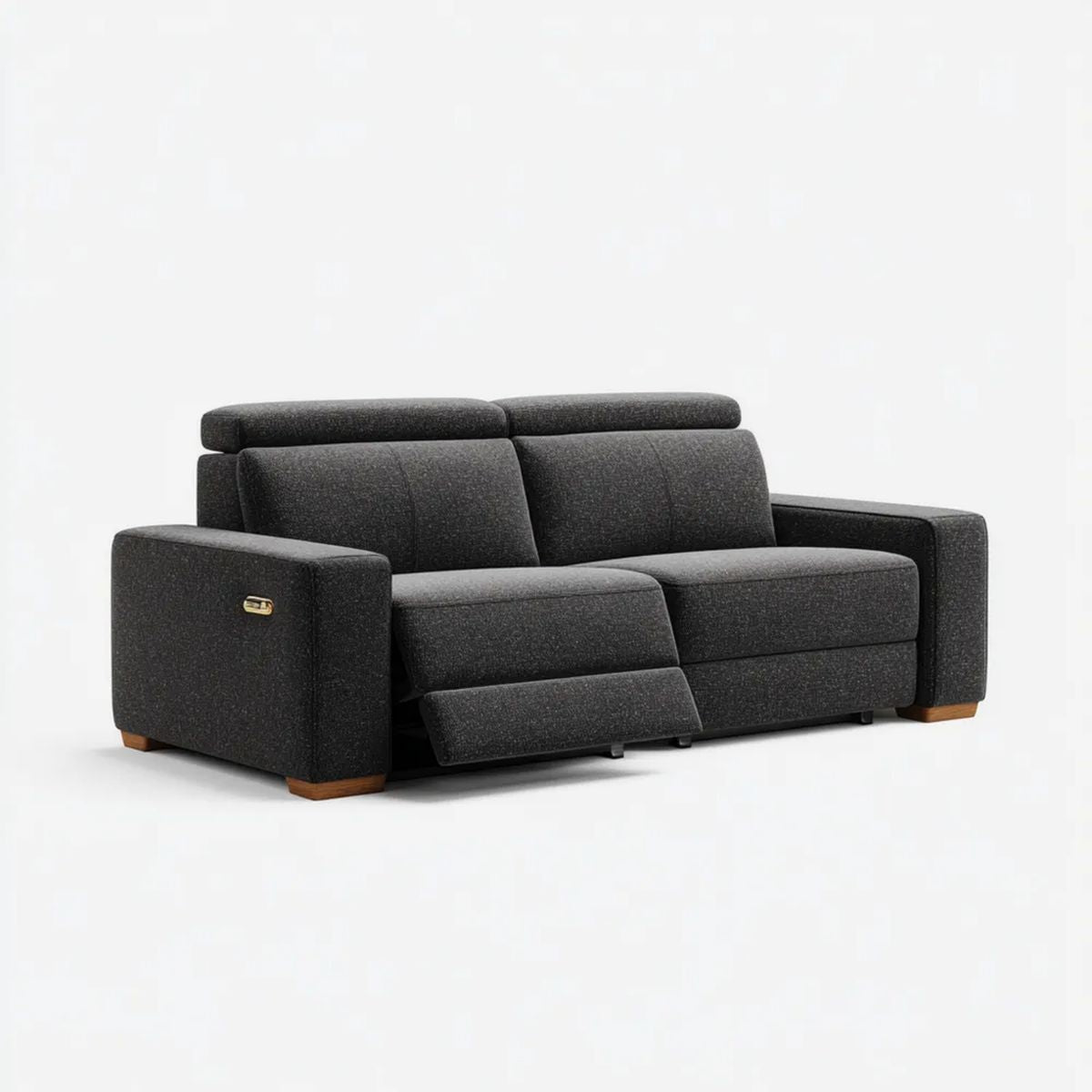 Grafitowa sofa dwuosobowa z elektrycznym relaksem, tapicerką poliestrową i drewnianymi nogami, 180 × 95 × 100 cm