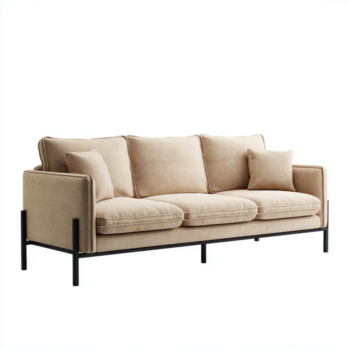 Trzyosobowa sofa beżowa z tapicerką poliestrową i stalową ramą, 220 × 85 × 80 cm