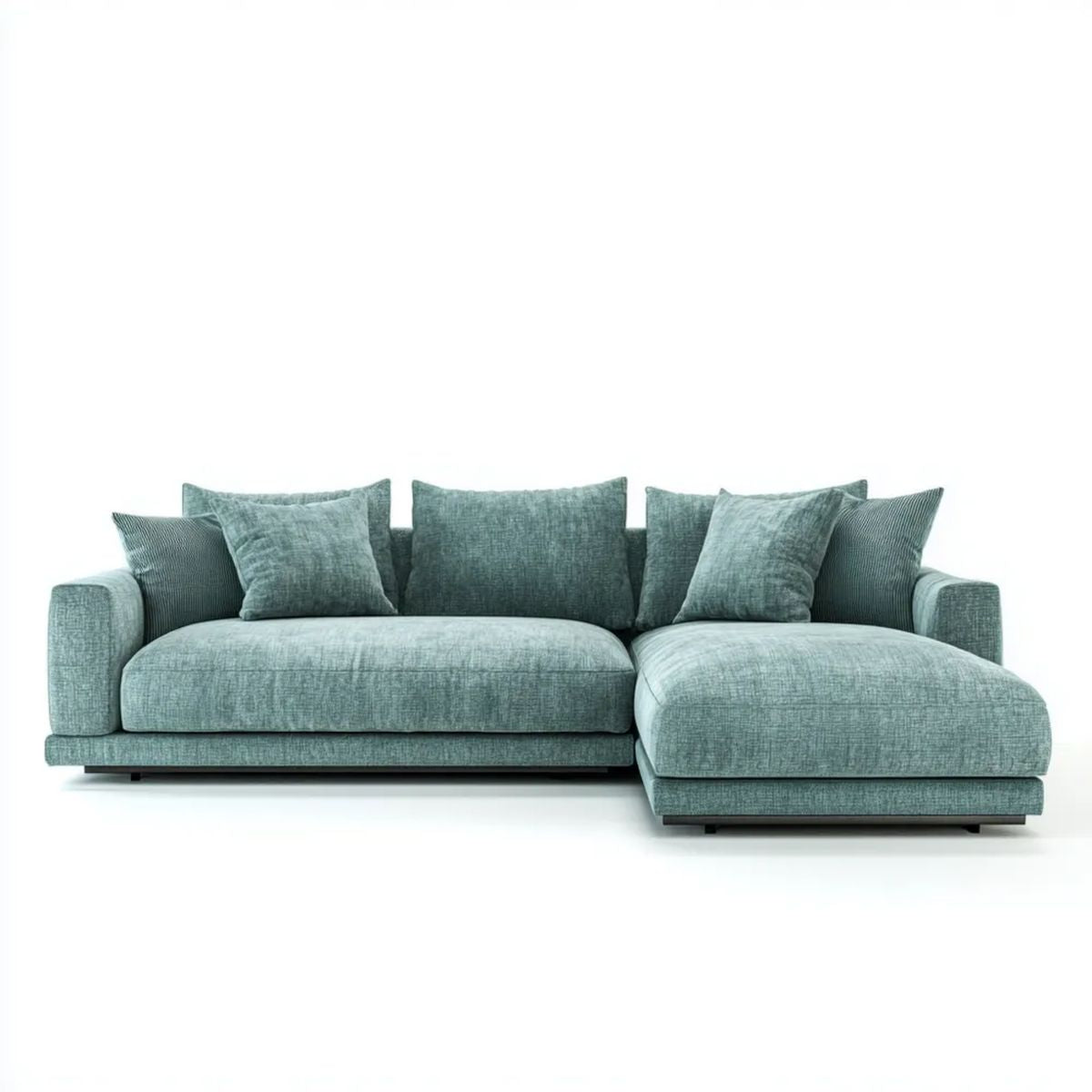 Prawostronna sofa narożna w kształcie L z szezlongiem, zielonoszara, tapicerowana tkaniną, 280 × 170 × 85 cm