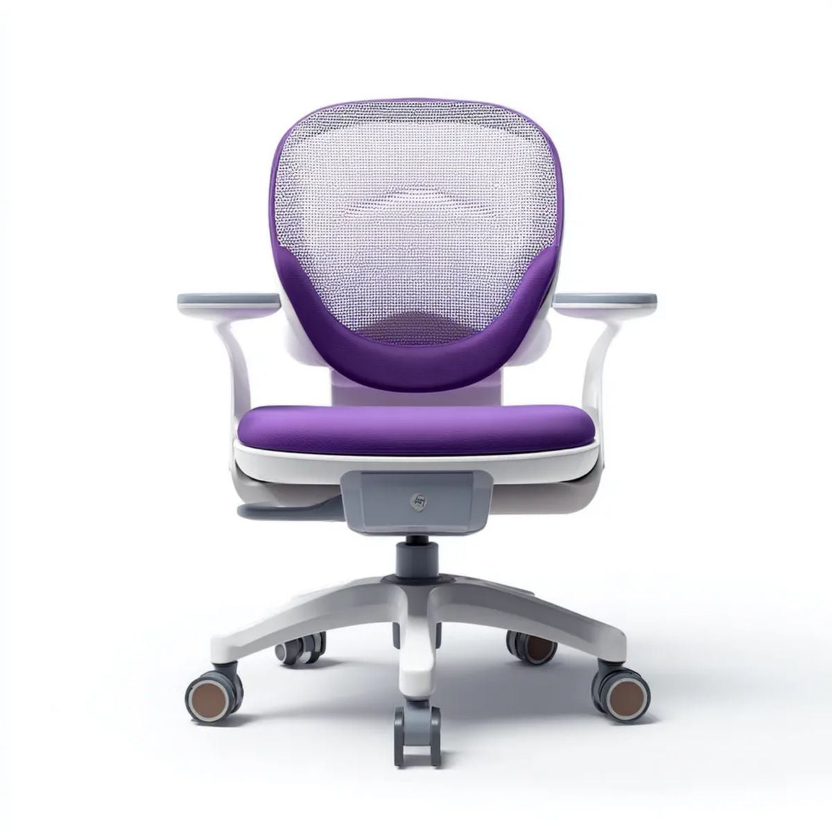 Ergonomiczny fotel biurowy biało-fioletowo-szary z siatkowym oparciem, 54 × 58 × 88–98 cm