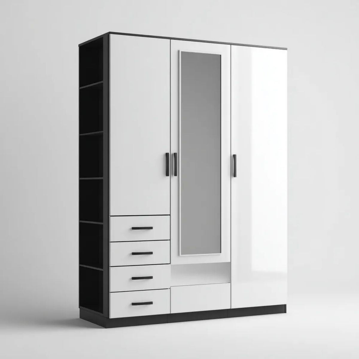 Szafa z lustrem z laminowanej płyty wiórowej 150 × 52 × 200 cm biała/czarna/szara